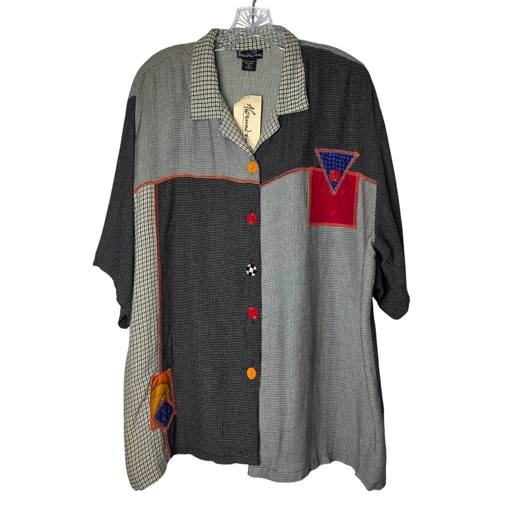 Alexandria Pierce Woman Patchwork Button Up Shirt 3X Art To Wear Rayon W48432